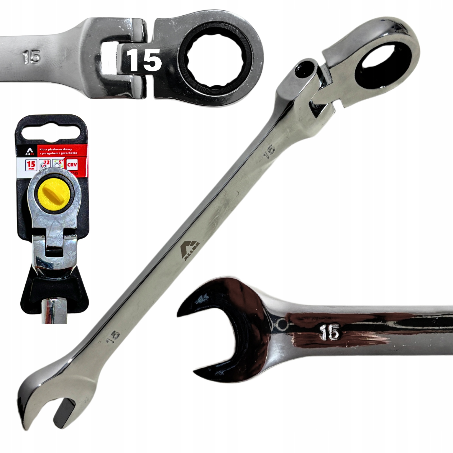 Klucz Płasko Oczkowy Z Grzechotką I Przegubem 15MM Łamany Wytrzymały 72ZĘBY