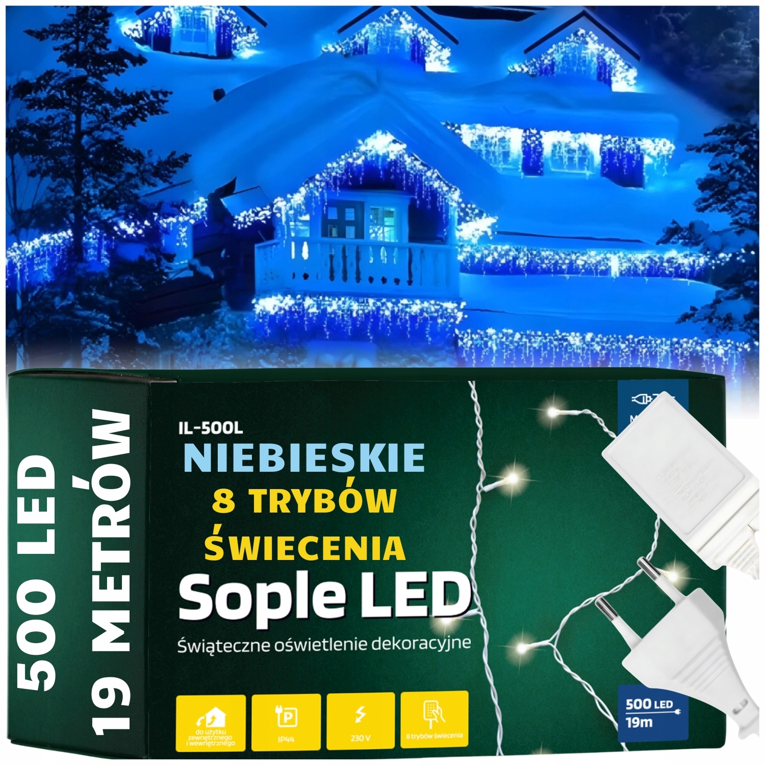 LAMPKI SOPLE 500 LED NIEBIESKIE ZEWNĘTRZNE NA PRĄD ŚWIATEŁKA CHOINKOWE