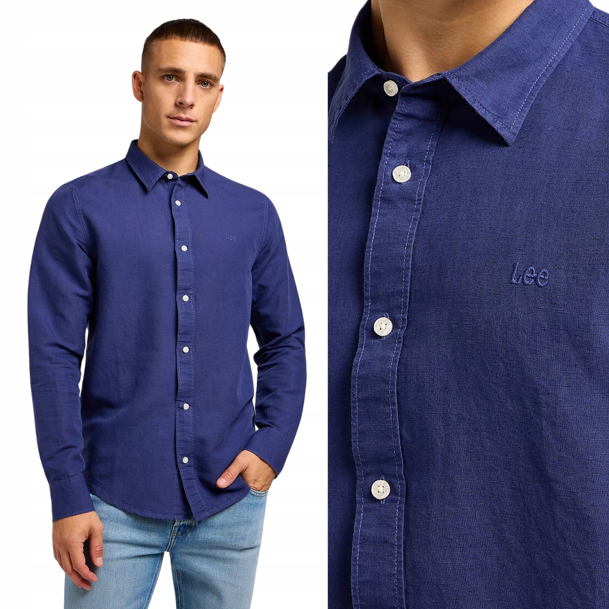 Lee Patch Shirt Medieval Blue lněná modrá košile s malým vyšíváním a logem S