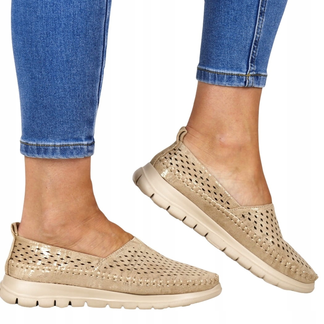 Zlaté Mokasíny Děrované Pohodlné Lehké Boty Dámské Polobotky Jarní 38
