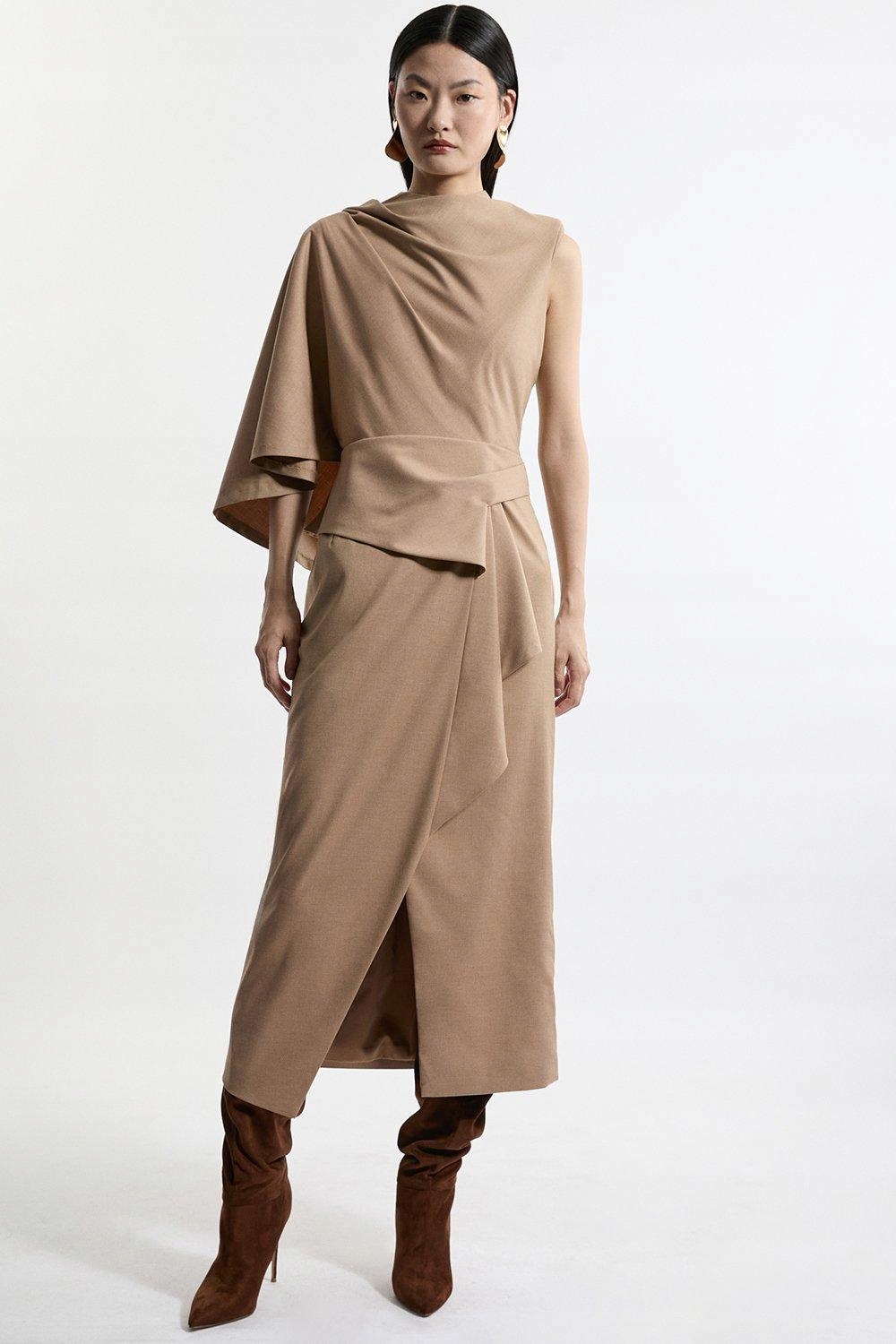 Karen Millen Petite Béžová Šaty MIDI S Asymetrickým Rukávem 40 B_g