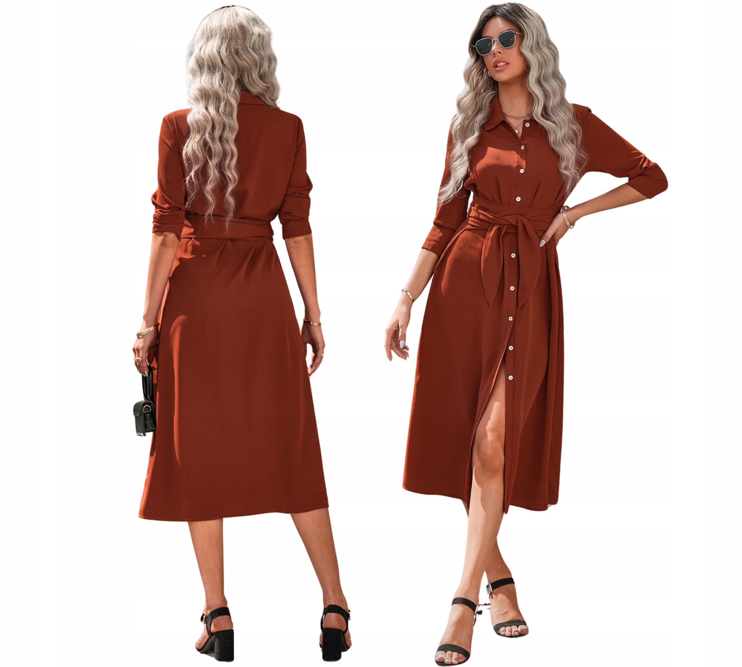 Sukienka damska koszulowa midi stylowa z paskiem guzikami stójka