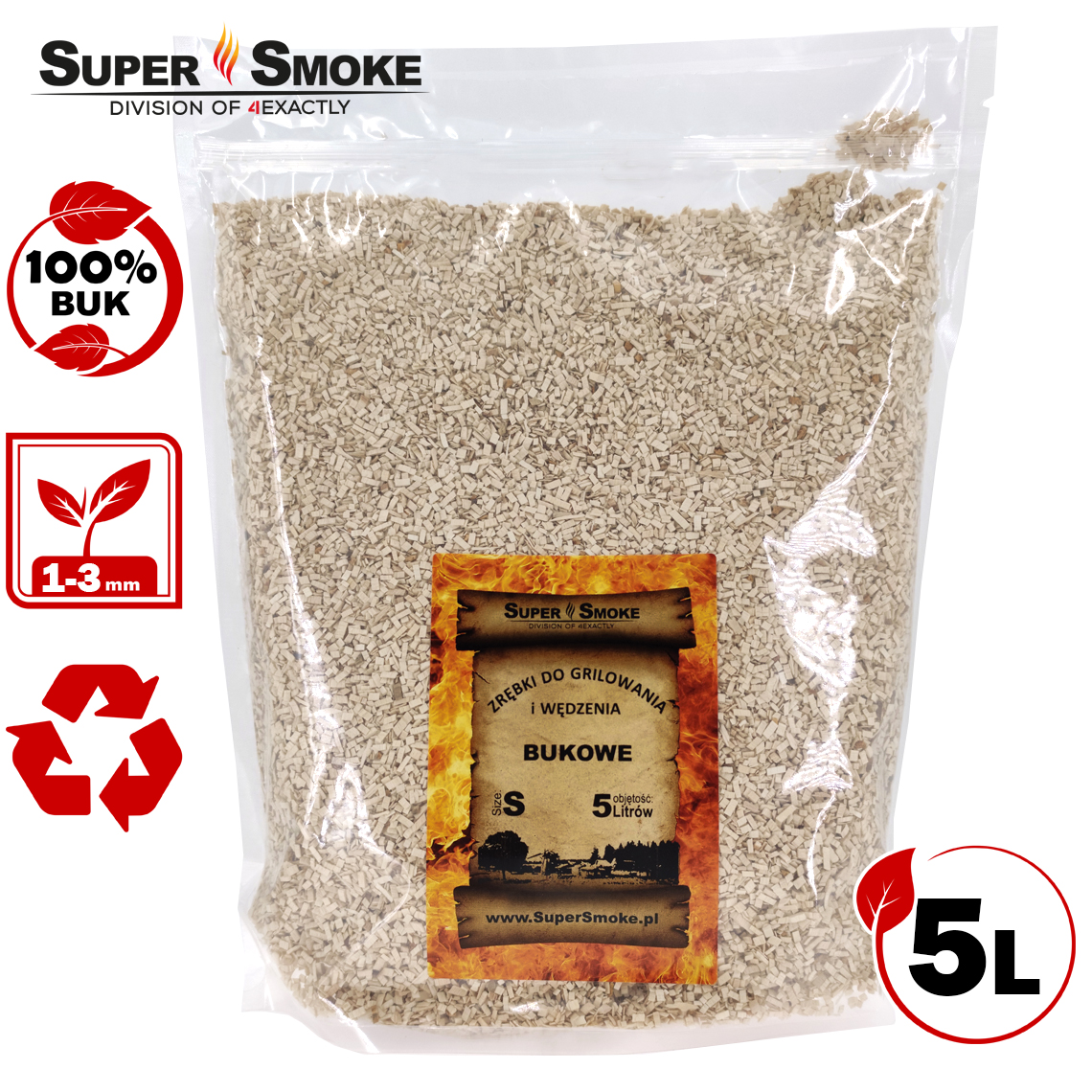 SUPER SMOKE Zrębki wędzarnicze BUK size:S (Small) 5 litrów, doypack