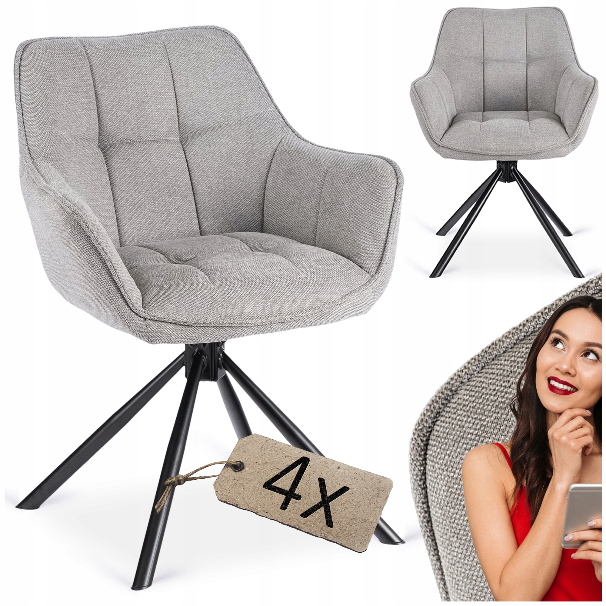 Čalouněná otočná jídelní židle do obývacího pokoje Peony šedá 2 4x