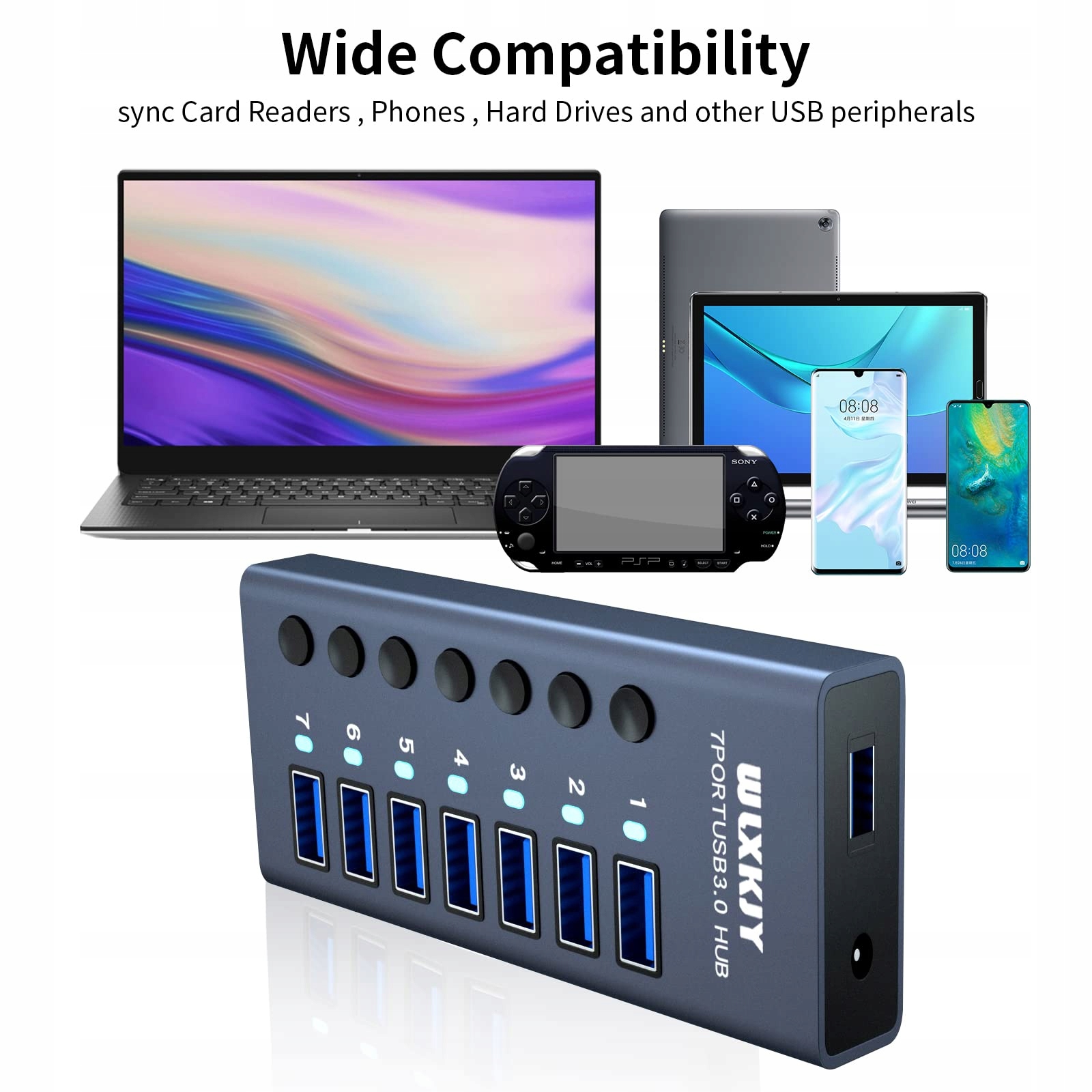 WLXKJY Hub USB 3.0 7-Port Aluminiowy Szybki Transfer Danych i Ładowanie — miniatura 5