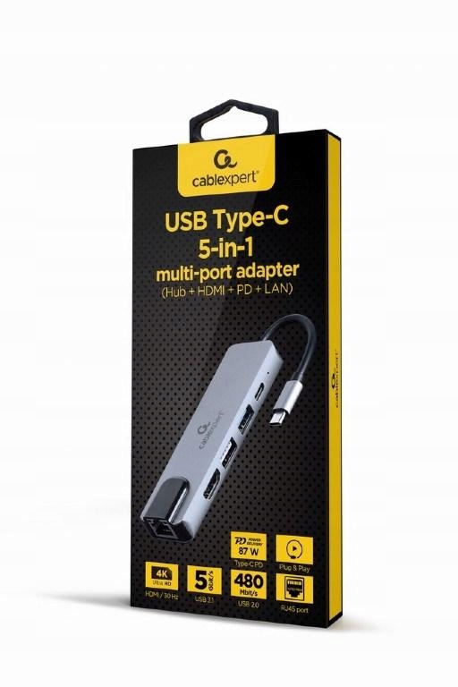 Gembird Multi Adapter Usb Typ-c 5W1 Hub Hdmi Pd Czytnik Kart Lan