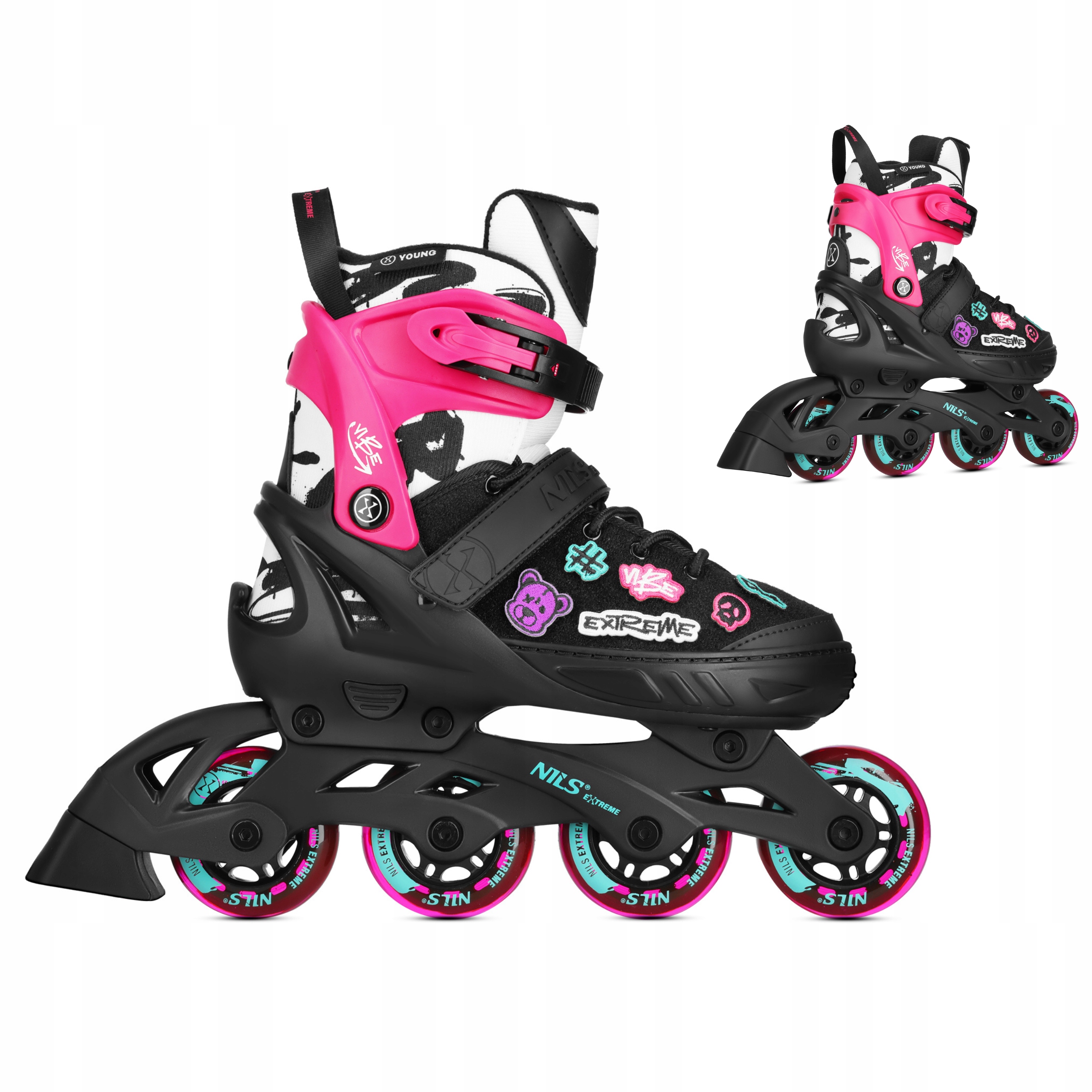 Rolki Do Nauki Jazdy Nils Extreme M 37-40 Różowe ABEC5 Vibe Naszywki