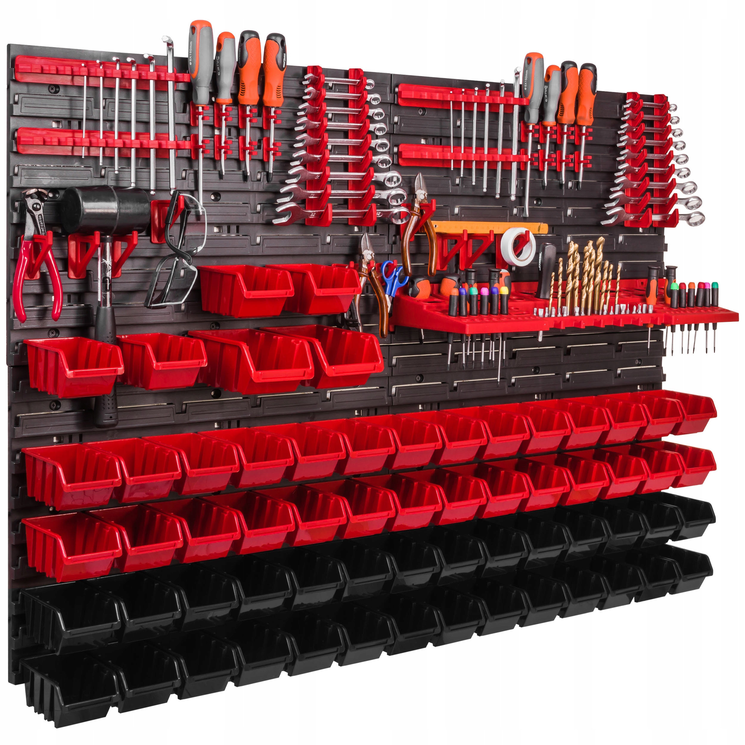 Nástěnná dílenská deska panel na nářadí 115 x 78 cm 62 boxů úložných nádob stěna do garáže na klíče a nářadí