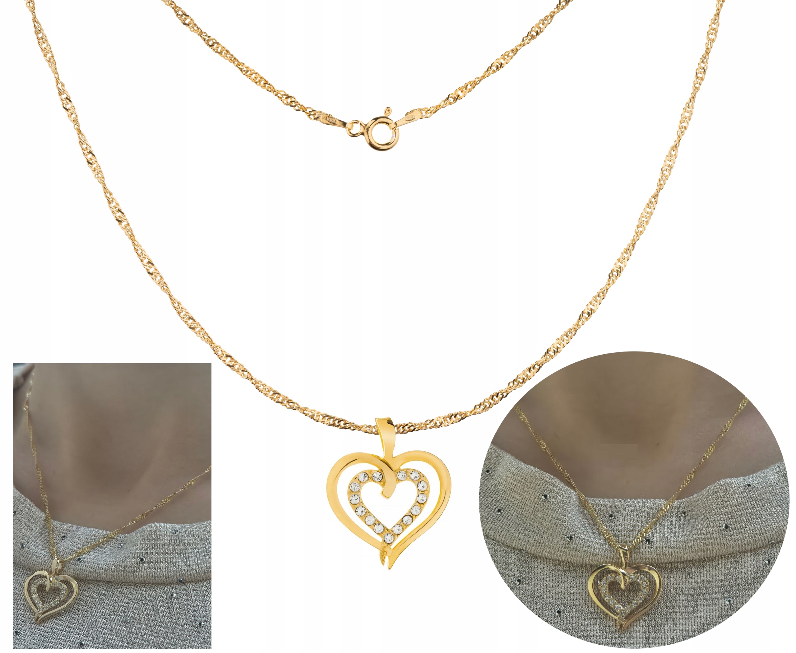 Set Stříbrný Řetízek Přívěsek Srdce Pozlacený 24K Singapur Stříbro 925