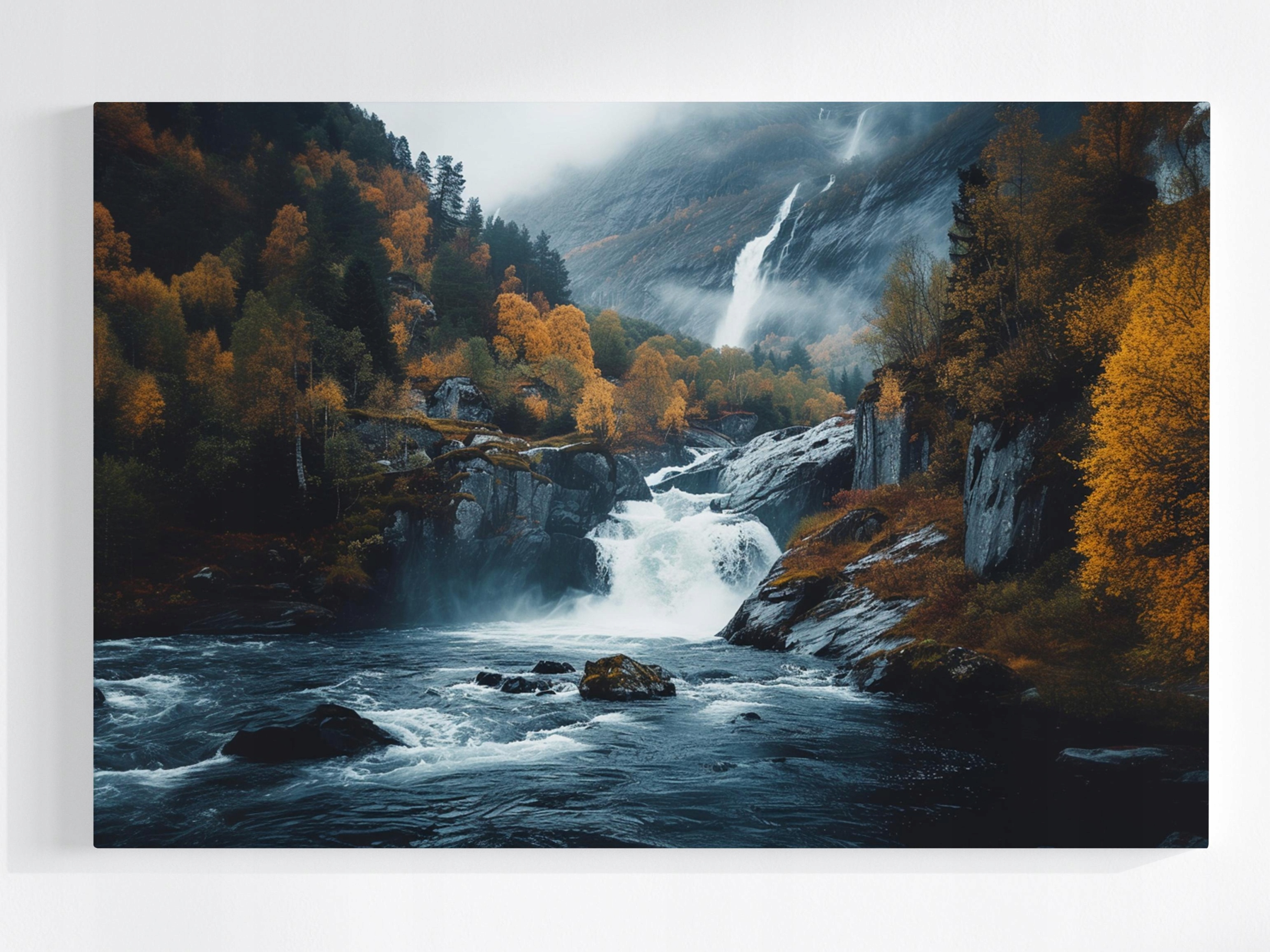 Obraz Na Plátně Canvas Krajina Podzim Les Hory Skály Vodopád Řeka 120x80