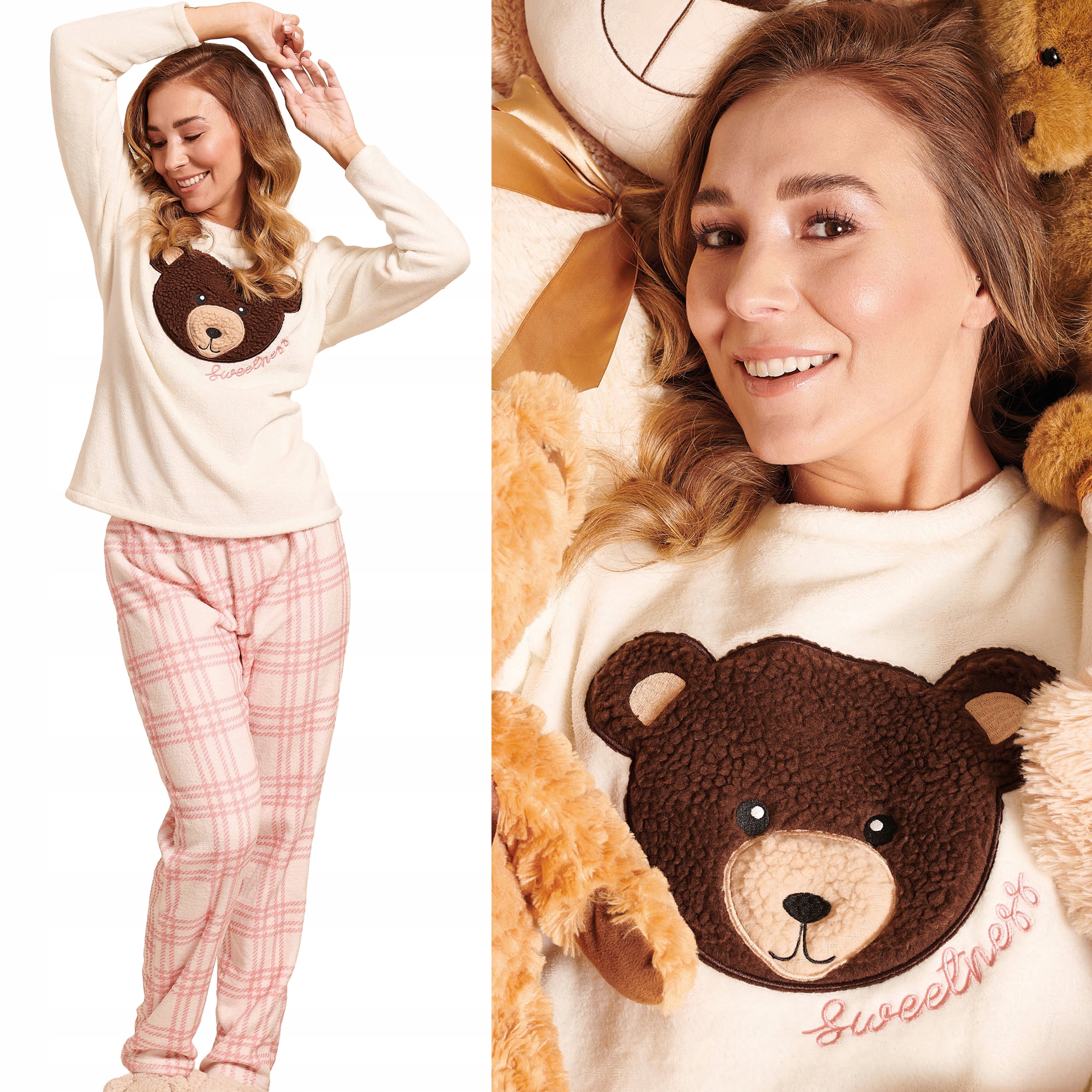 Teplé dámské pyžamo, silný měkký fleece, roztomilý medvídek, kostkovaný vzor, XL, Madlen Ecru
