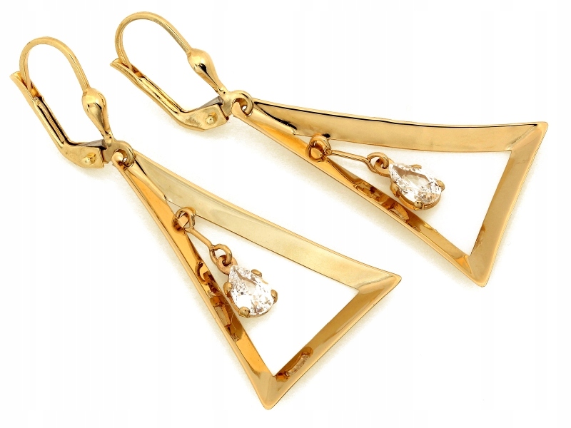 Zlaté náušnice 585, módní závěsné trojúhelníky se zirkonem a anglickým zapínáním