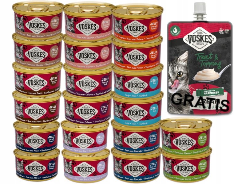 Voskes MIX 10 Smaków 24x85g Mokre Karmy Dla Kotów 1 krem 90 g Gratis!