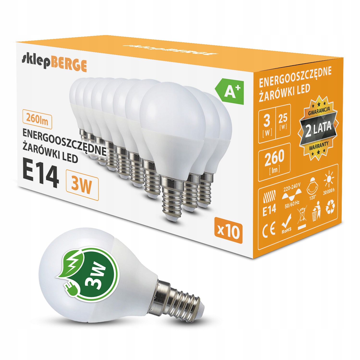 

10x Żarówka Led E14 G45 3W=25W 260lm 3 Barwy Berge