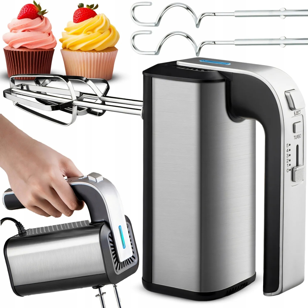 Mikser Ręczny Robot Kuchenny 300W Trzepaczki Haki 5 Prędkości Turbo Srebrny