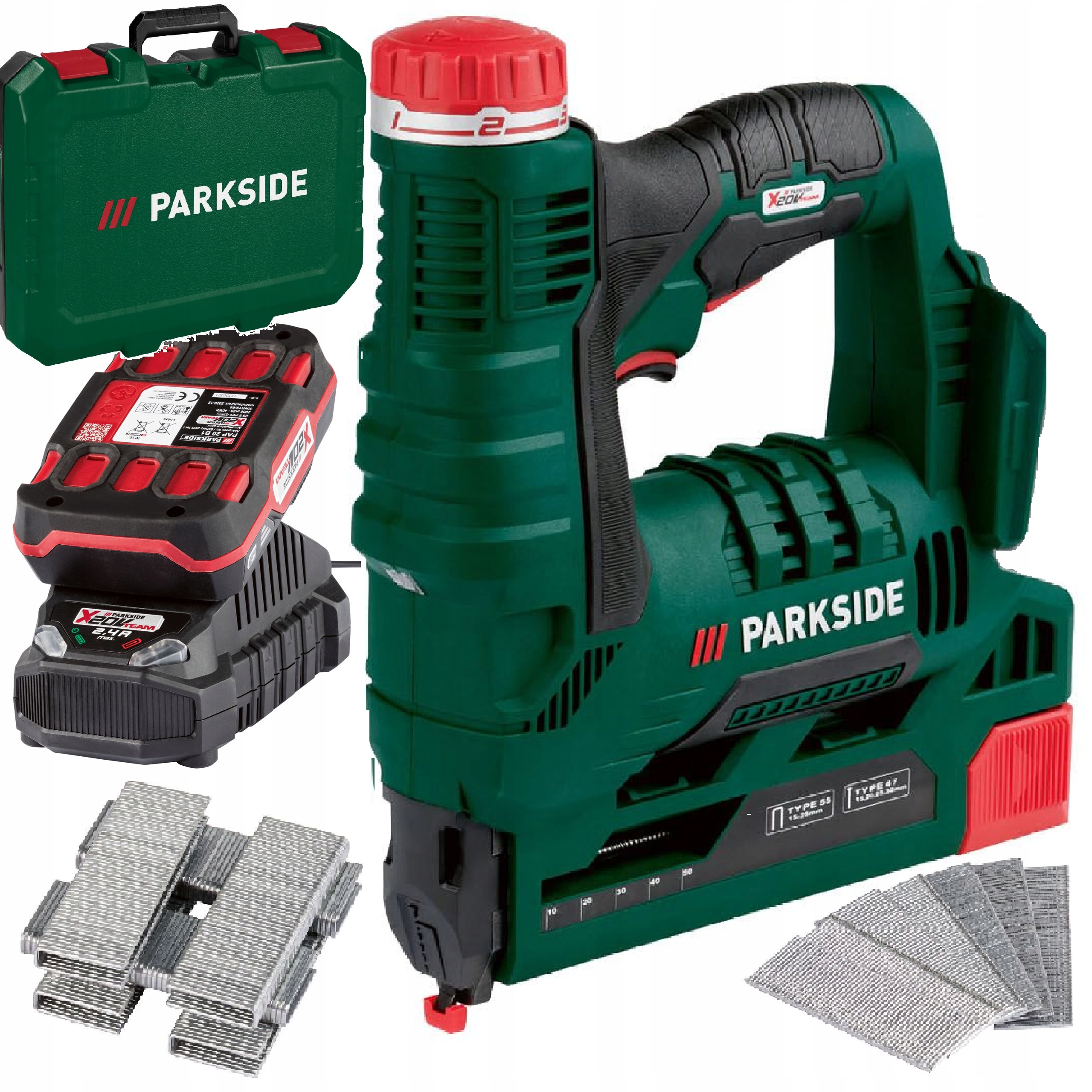 Akumulatorowy zszywacz Parkside akumulator 2Ah taker Pat 20 zszywki Walizka