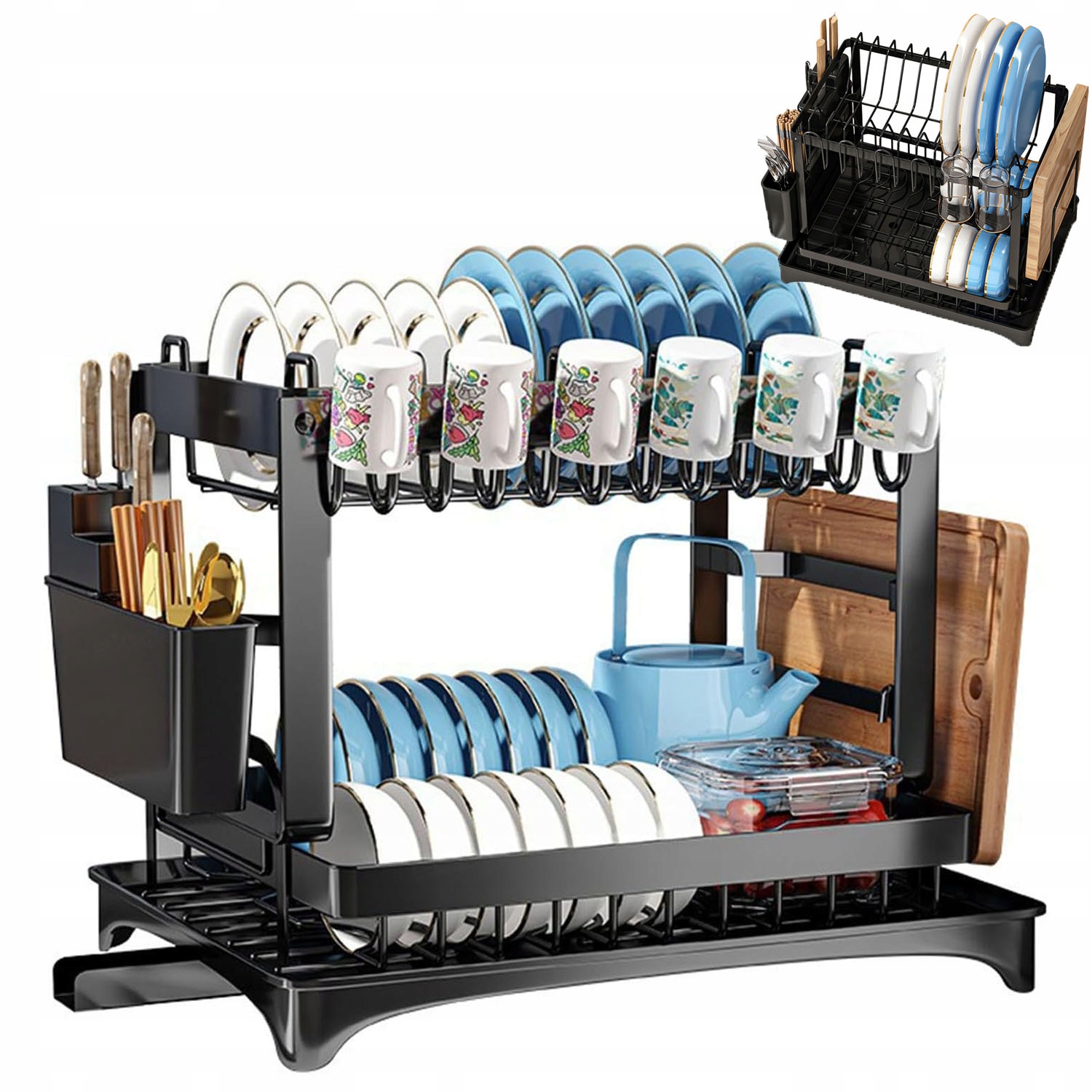 Dvouúrovňový Stojan Na Nádobí S Podnosem A Odtokovým Otvorem Ze Železa