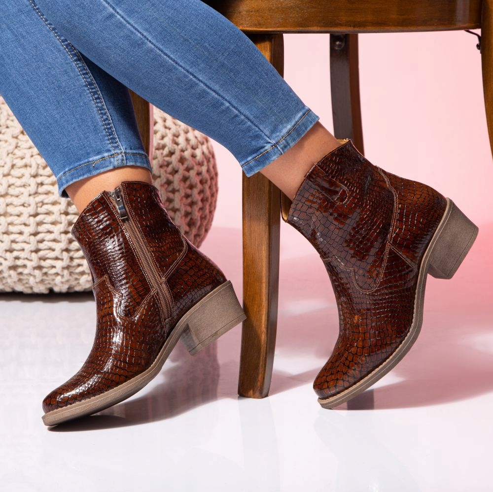 Kamelové Kotníkové Boty Stylové Polské Kůže Had 40
