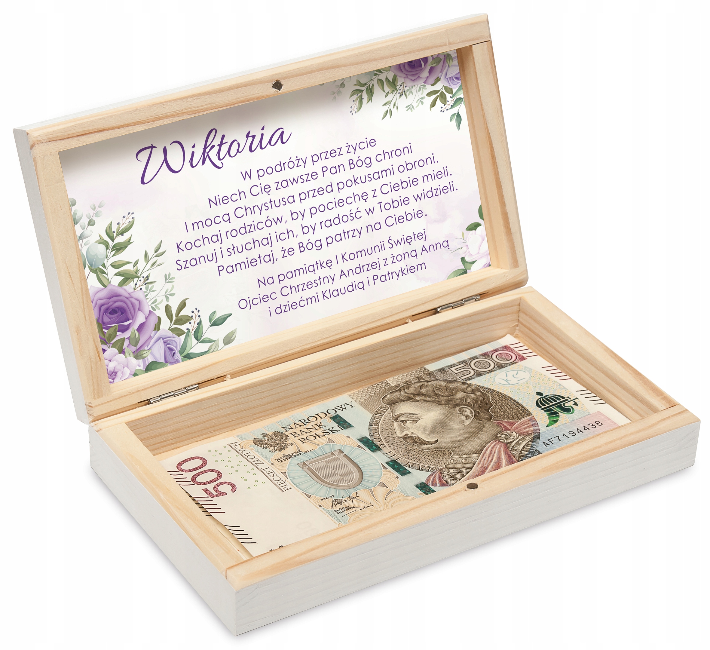 

białe pudełko na Pieniądze I Komunia Św. grawer