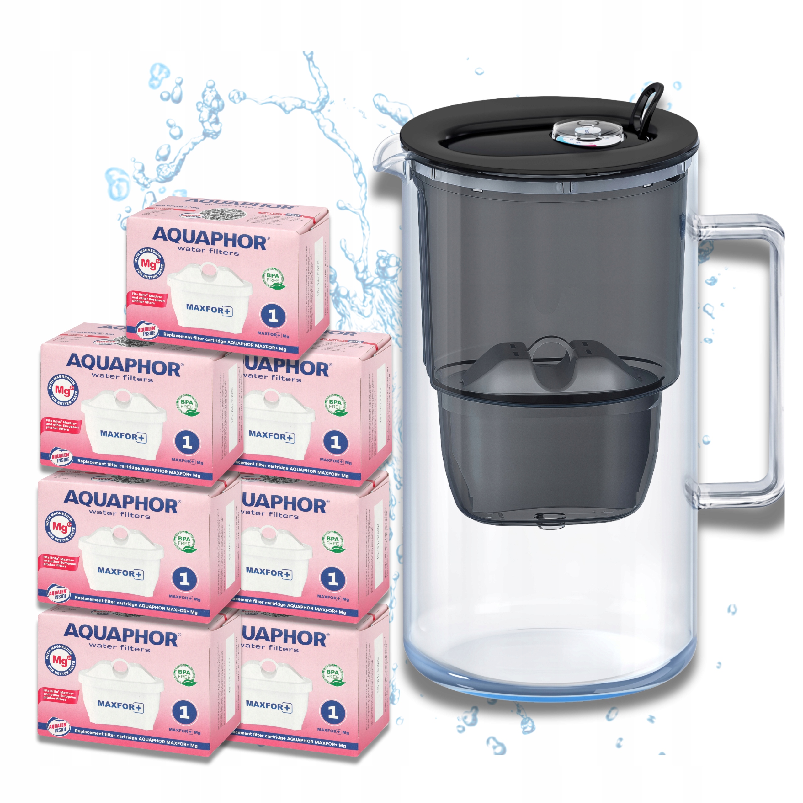 Szklany Dzbanek filtrujący wodę Aquaphor Glass czarny +7 filtrów Maxfor+ Mg