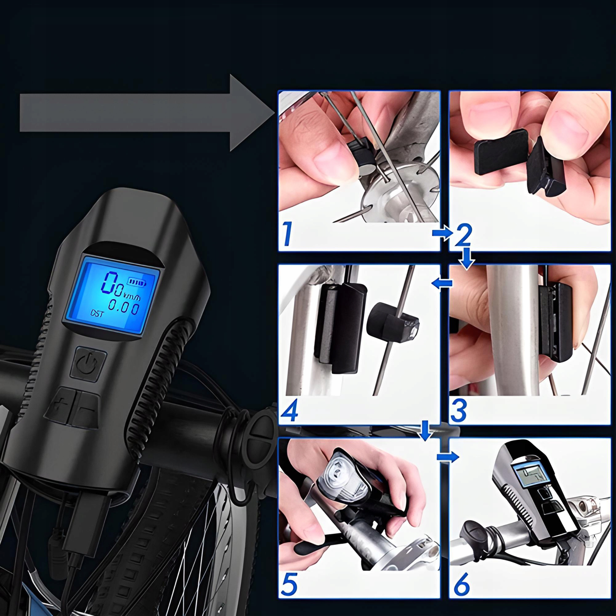 LAMPKA ROWEROWA LED LICZNIK KM PRĘDKOŚCIOMIERZ DZWONEK PRZÓD + TYŁ Zasilanie akumulator