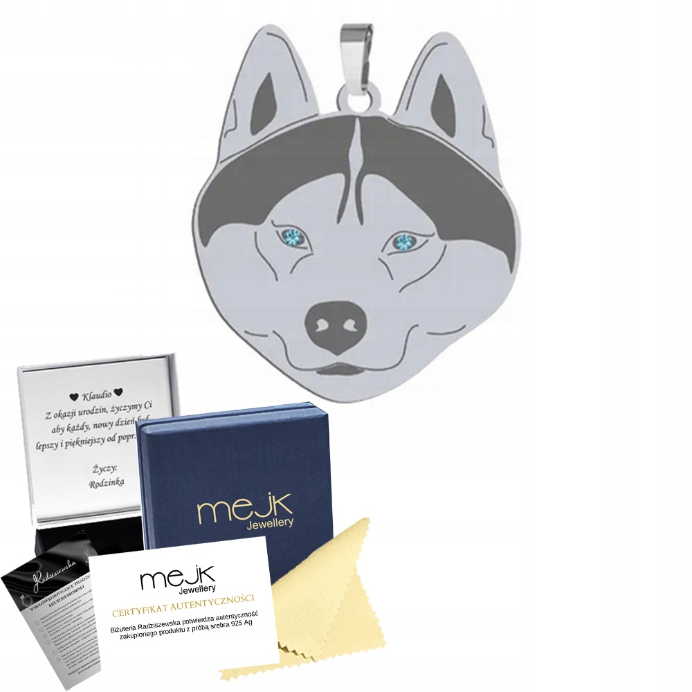 Stříbrný přívěsek se psem Siberian Husky 925 Dedikace Gravírování Bonus