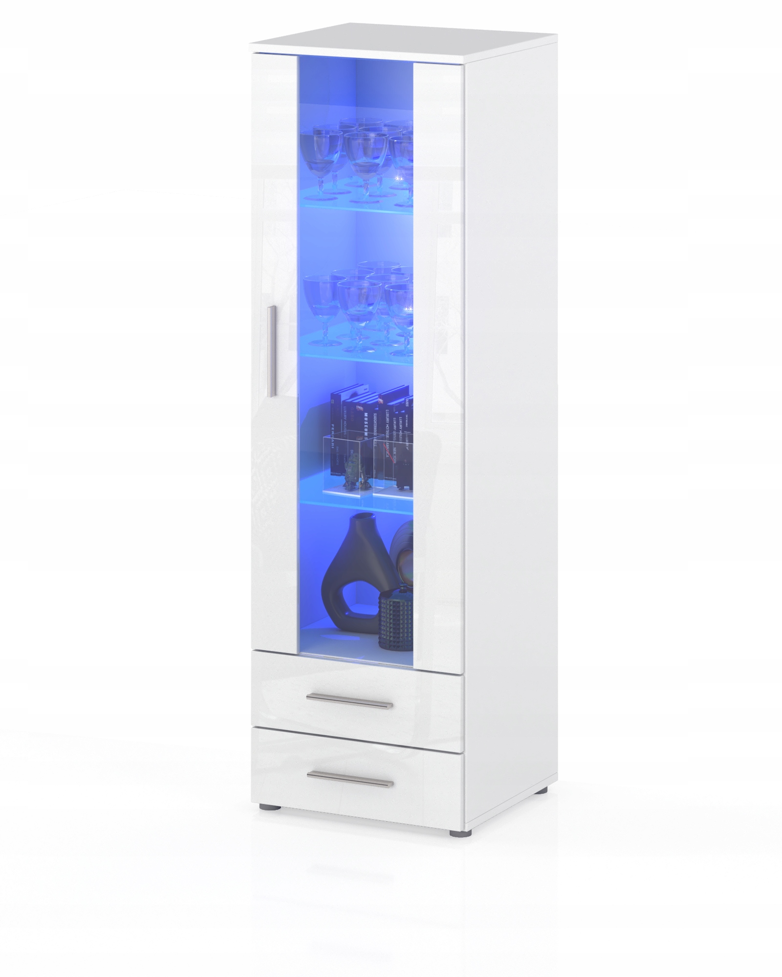 WITRYNA STOJĄCA KOMODA SŁUPEK Z SZYBĄ BIAŁY POŁYSK LED 60 cm