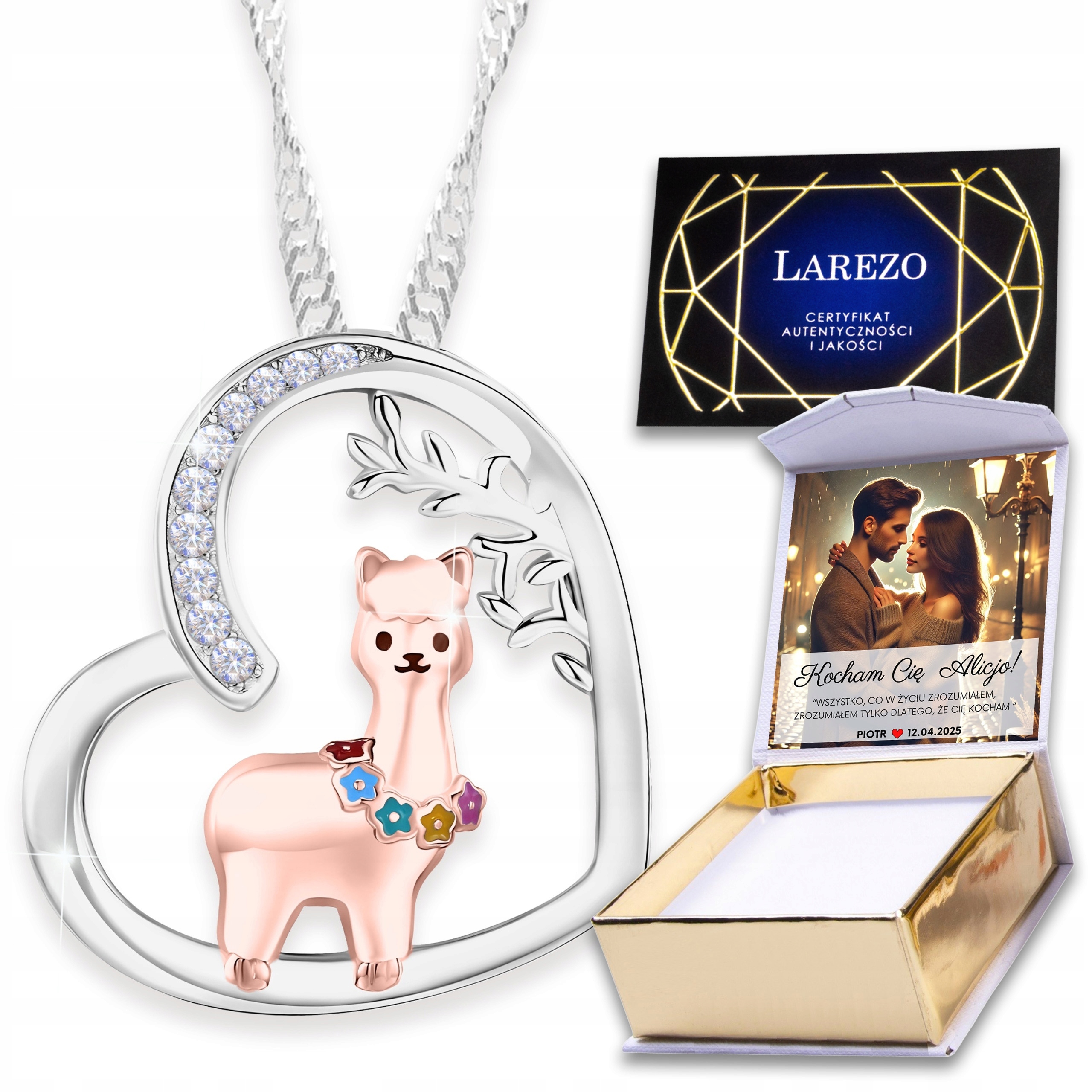 Náhrdelník Pozlacené srdce z lamy Alpaka Srdíčko Zirkon Potisk