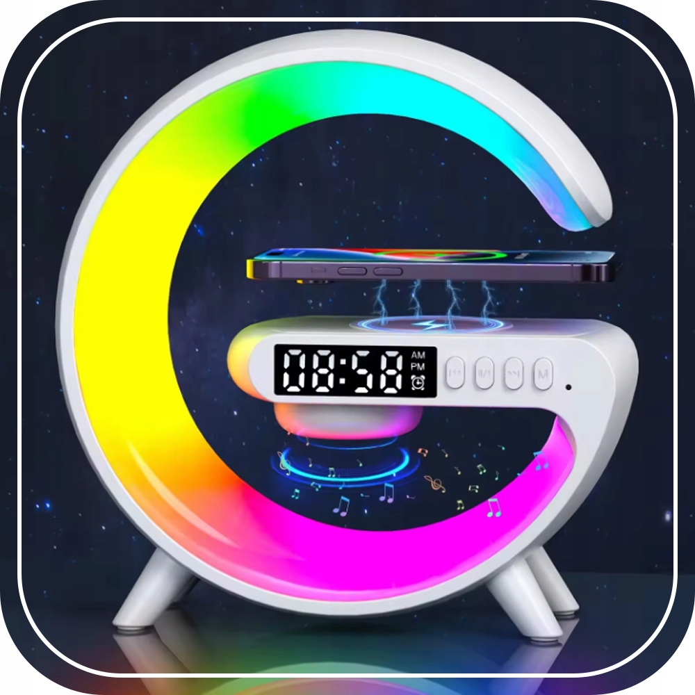 LAMPKA LED NOCNA RGB GŁOŚNIK ŁADOWARKA INDUKCYJNA QI ZEGAR RADIO BUDZIK Długość/wysokość 15 cm