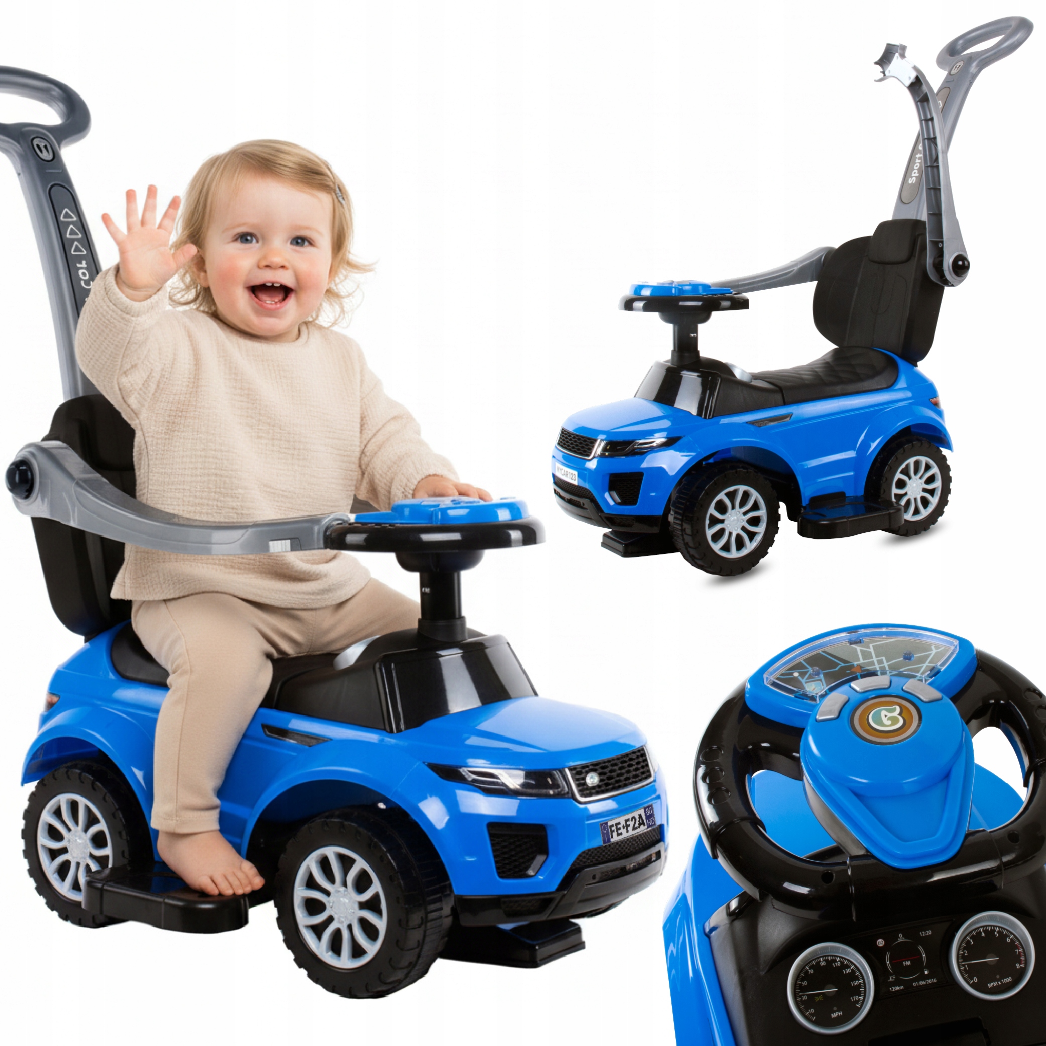 Jeździk pchacz chodzik dla dziecka z rączką i obejmą Sport car niebieski