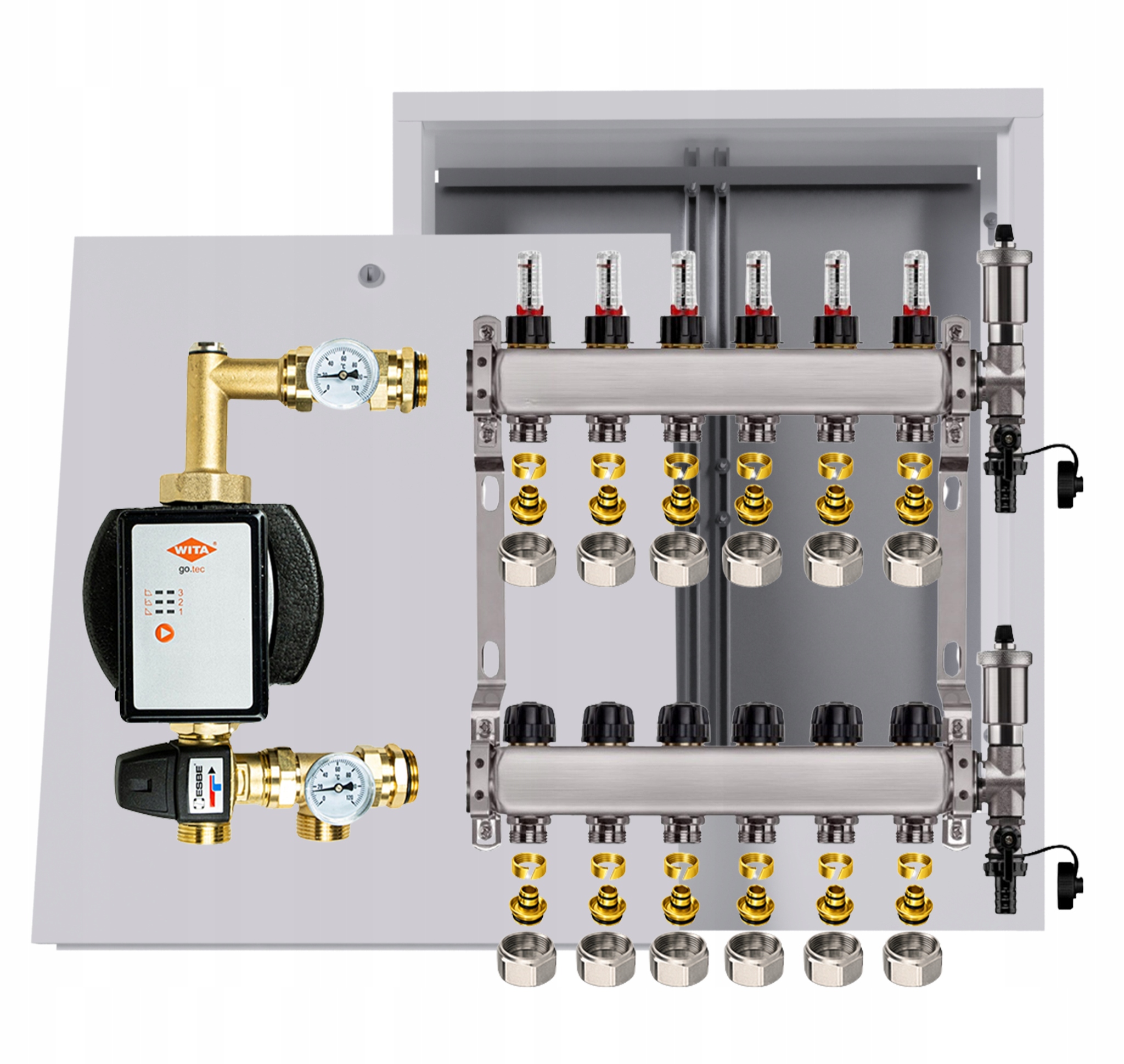 Nerezový rozdělovač na podlahu 6 okruhů s čerpadlem Wita box Pex
