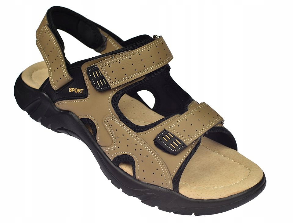 Velké pánské sandály s béžovými pásky A9002 be na suchý zip, kožená stélka vel