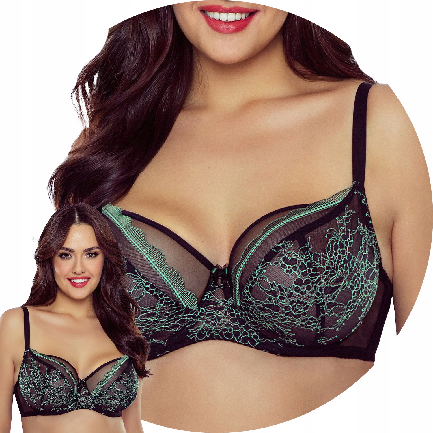 Vivisence 1074 czarno-zielony koronka Biustonosz miękki 75G Soft