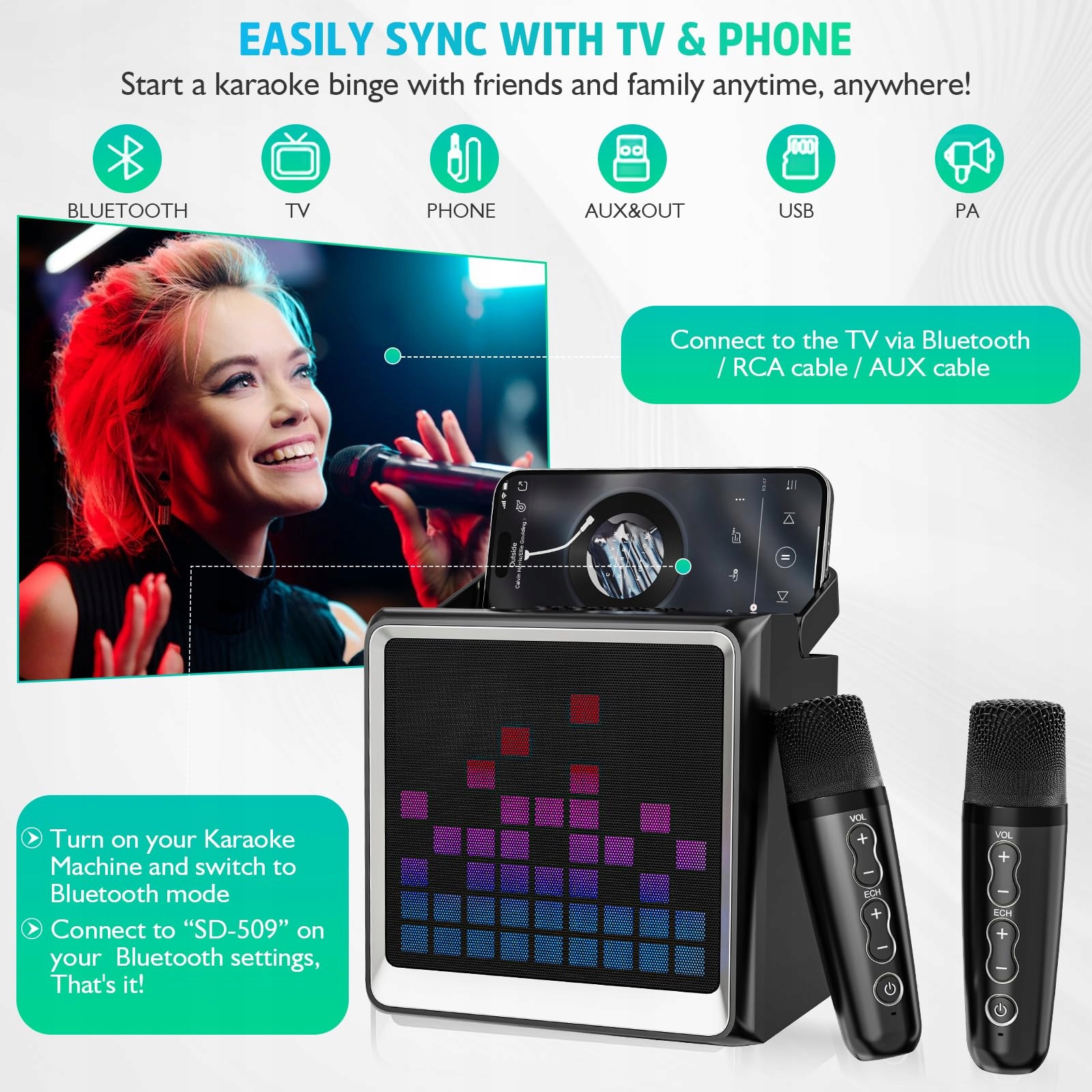 LSMOEO: Portable karaoke dla dzieci i dorosłych z mikrofonami LED — miniatura 2