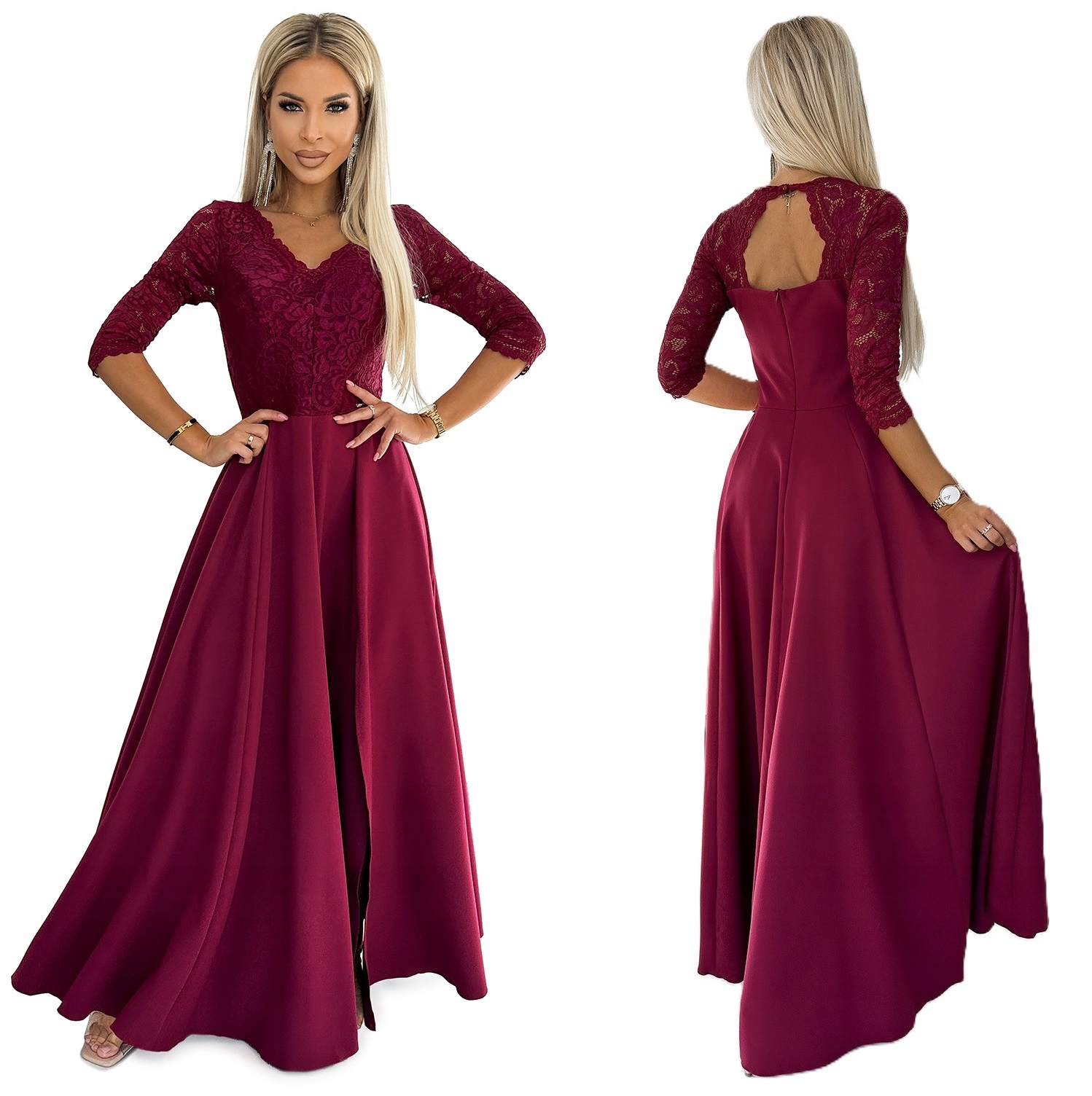 Elegantní Dlouhá Sukně S Krajkovým Výstřihem Na Ples Bordó XL