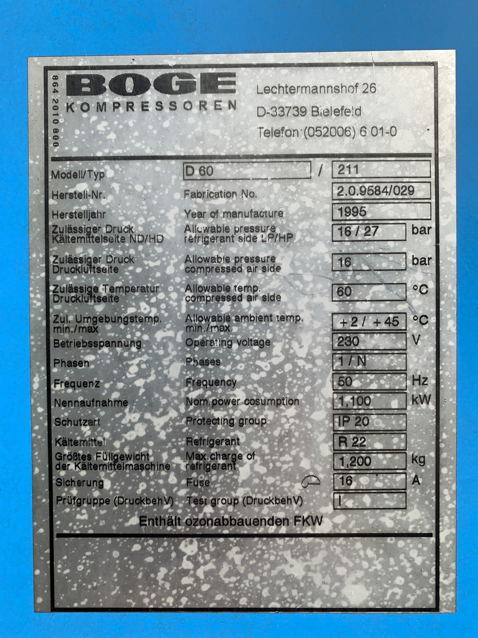 Osuszacz BOGE D60 / 6 m3/min Typ brak informacji