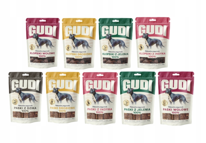 Levně Klopsiki a proužky pro psa Gudi 9x100g mix chutí 100% Maso Pochoutky