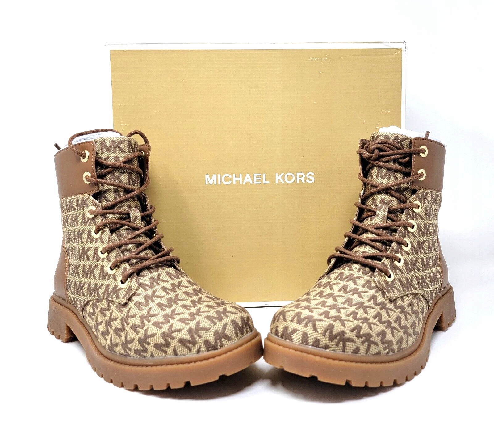 Kotníkové Boty Michael Kors Alistair Logo Jacquard Beige/Ebony Combat vel 36,5