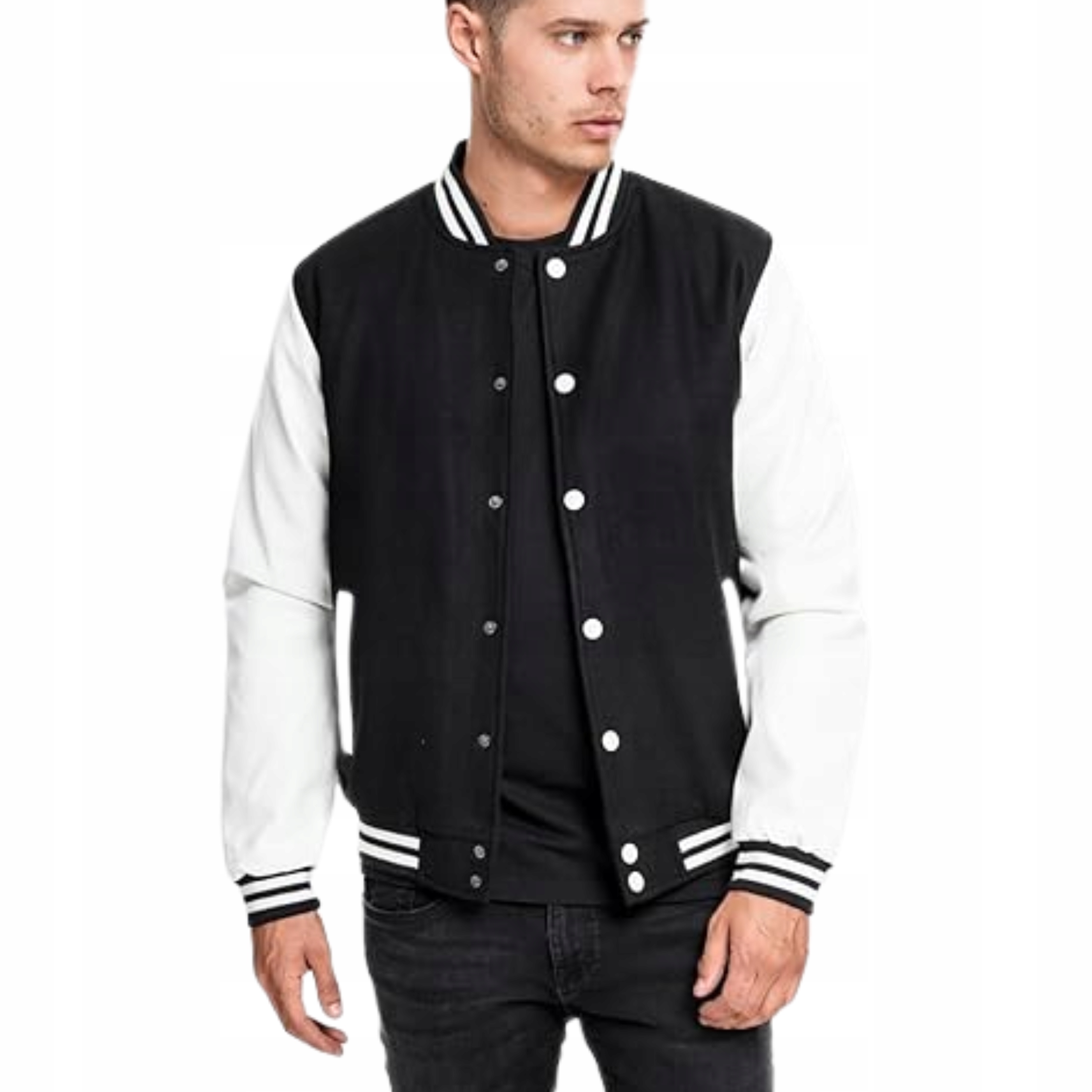 Kurtka męska bejsbolowa ze stójka czarno-biała bejsbolówka bluza wiosenna