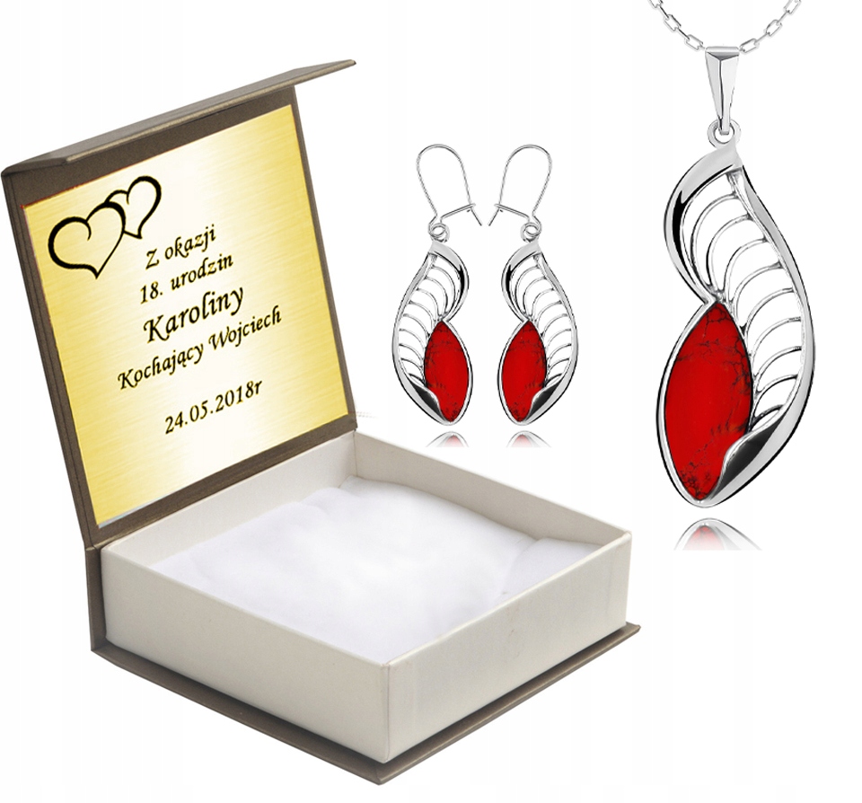 

Komplet Srebrnej Ażurowej Biżuterii Z Koralami