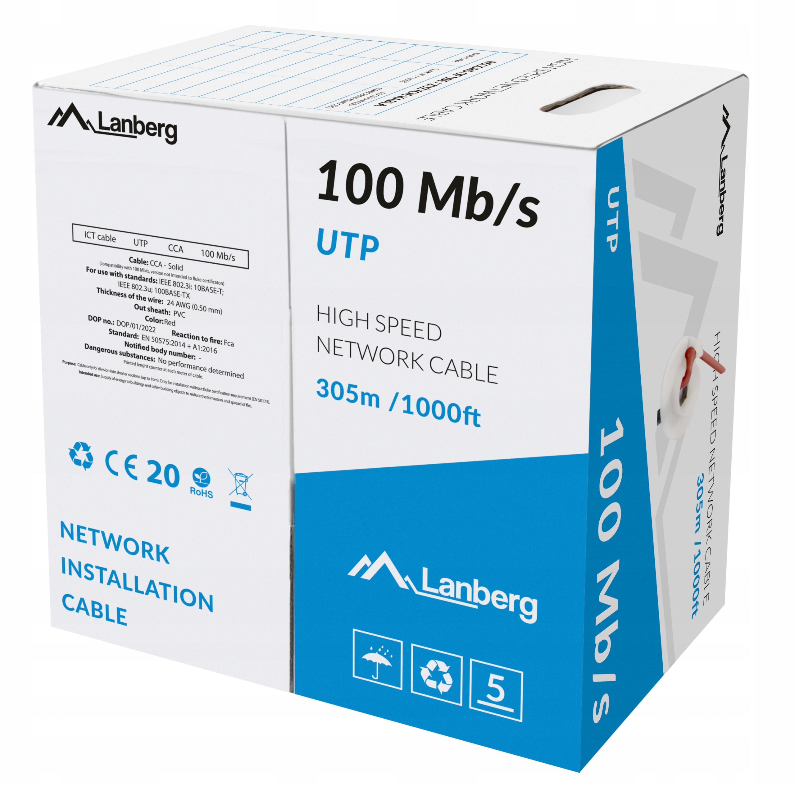 Kabel Lan Utp 100MB/S 305M Drut Cca Lanberg Szary (LCU5-10CC-0305-S)