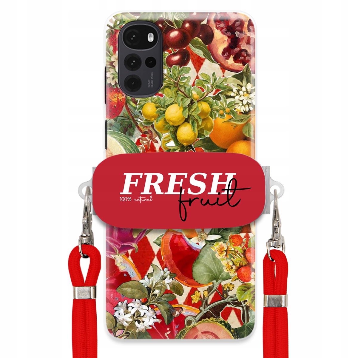 Puzdro pre Motorola G22 4G Červené Crossbody vodítko držiak Fresh Fruit Ovocie