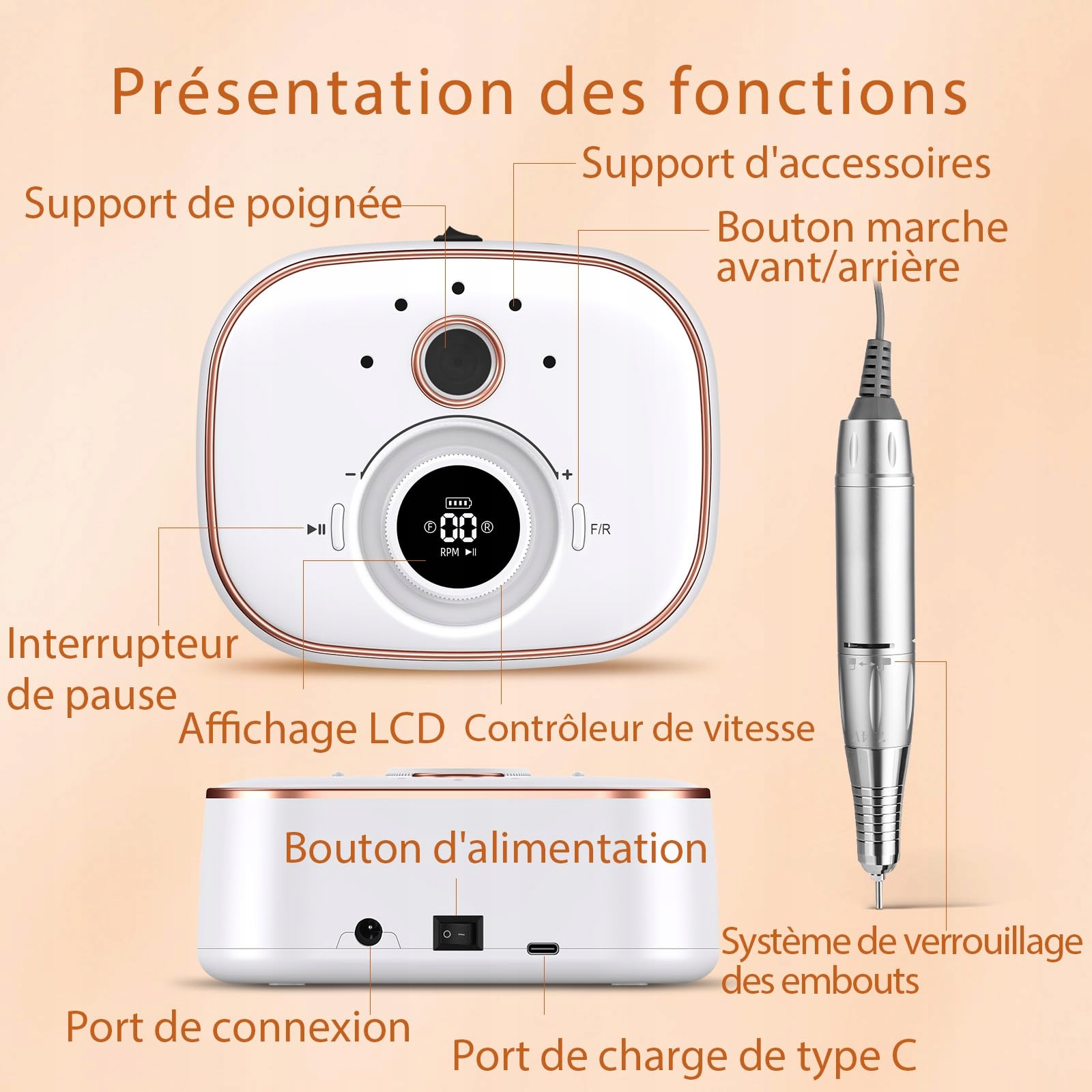CIVPOWER Frezarka Do Paznokci 35000 OBRMIN Z Akumulatorem 4000mAh — miniatura 5