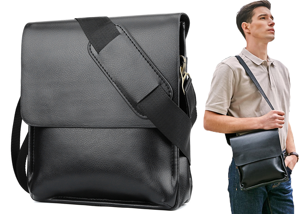 Torba Męska Skórzana Listonoszka Na Ramię Saszetka Z Klapą Czarna