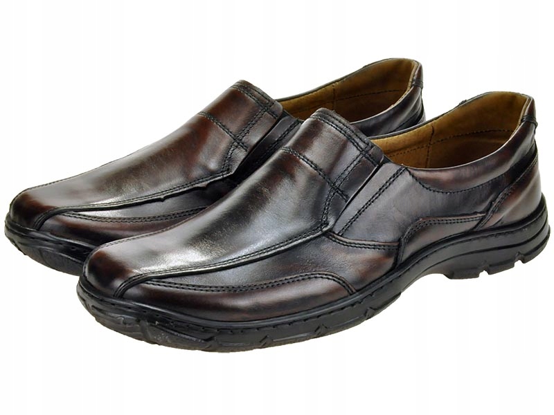 MĘSKIE POLSKIE MOKASYNY SKÓRZANE 160 BRĄZ 43 Nosek okrągły