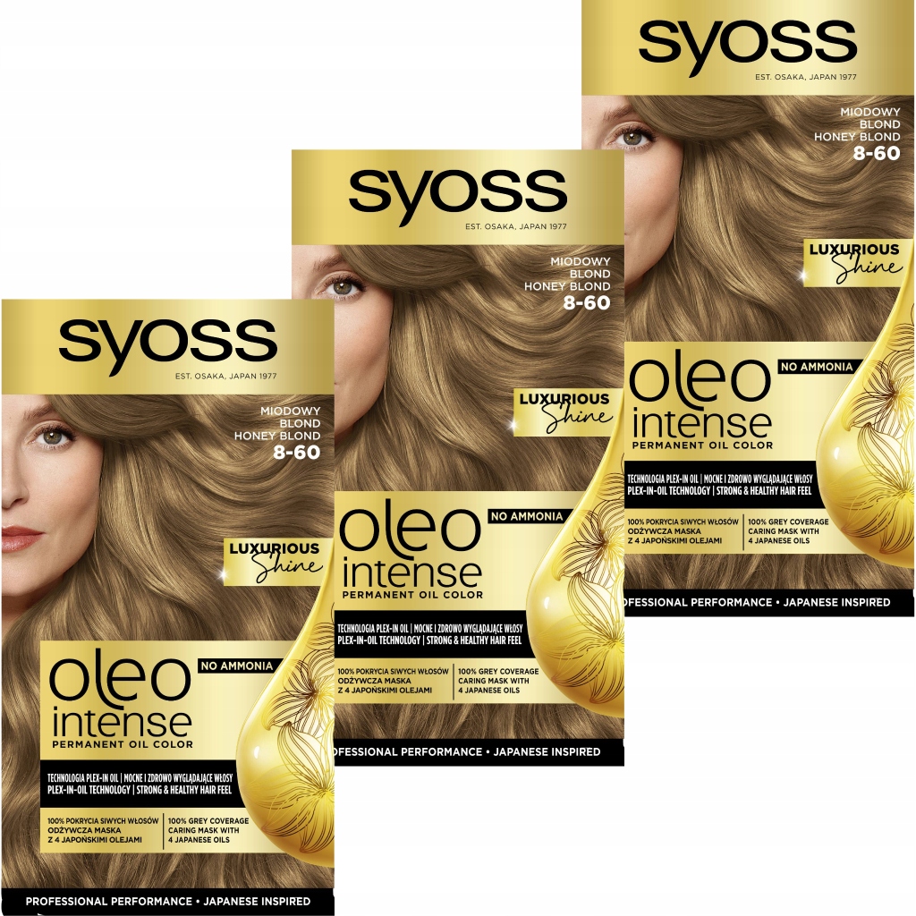 3X Farba Do Włosów Miodowy Blond 8-60 Syoss Oleo Intense Bez Amoniaku
