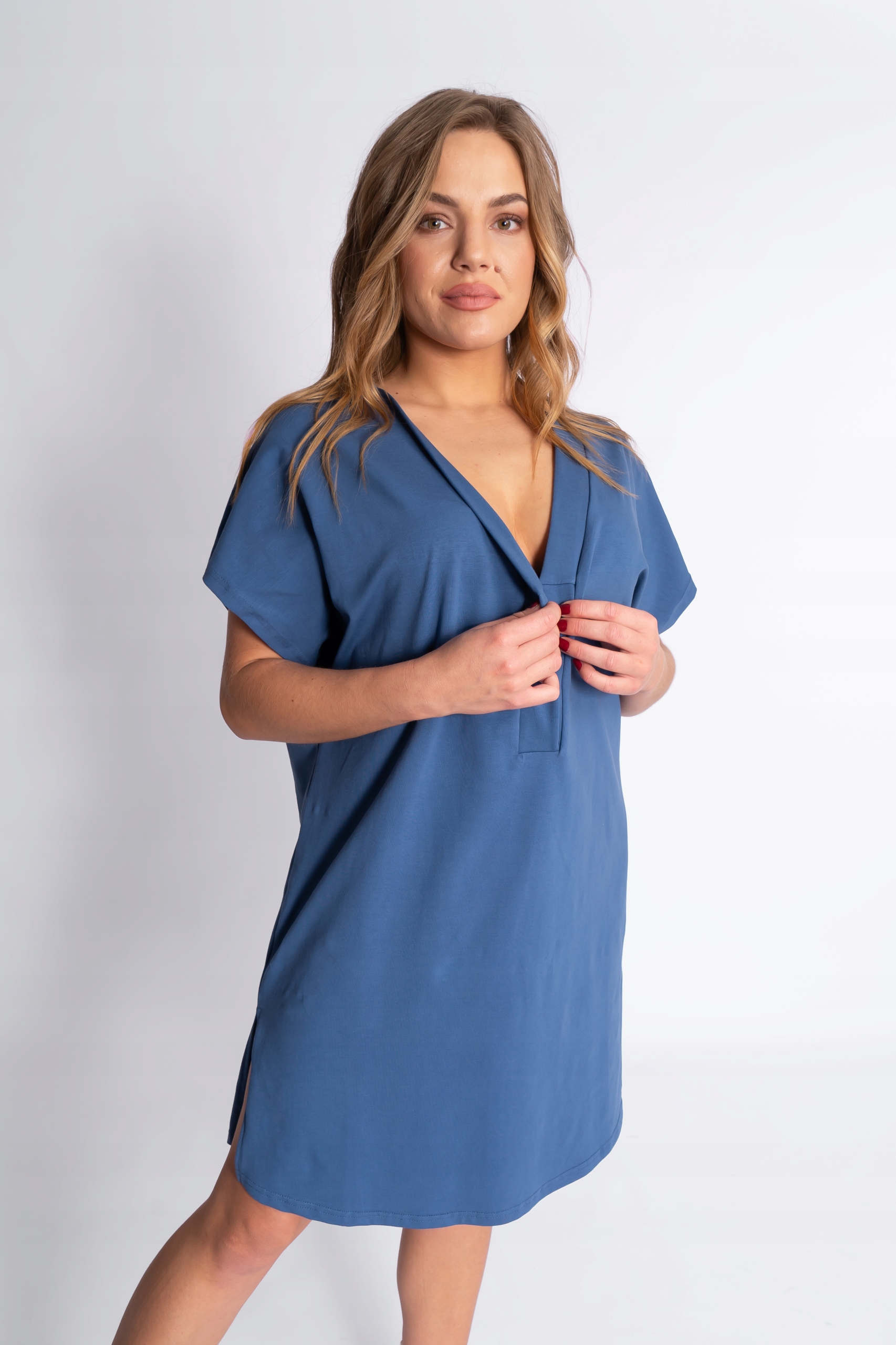 Niebieska KOSZULA "V" nocna ciążowa do porodu karmienia S rozpinana napy Rozmiar S