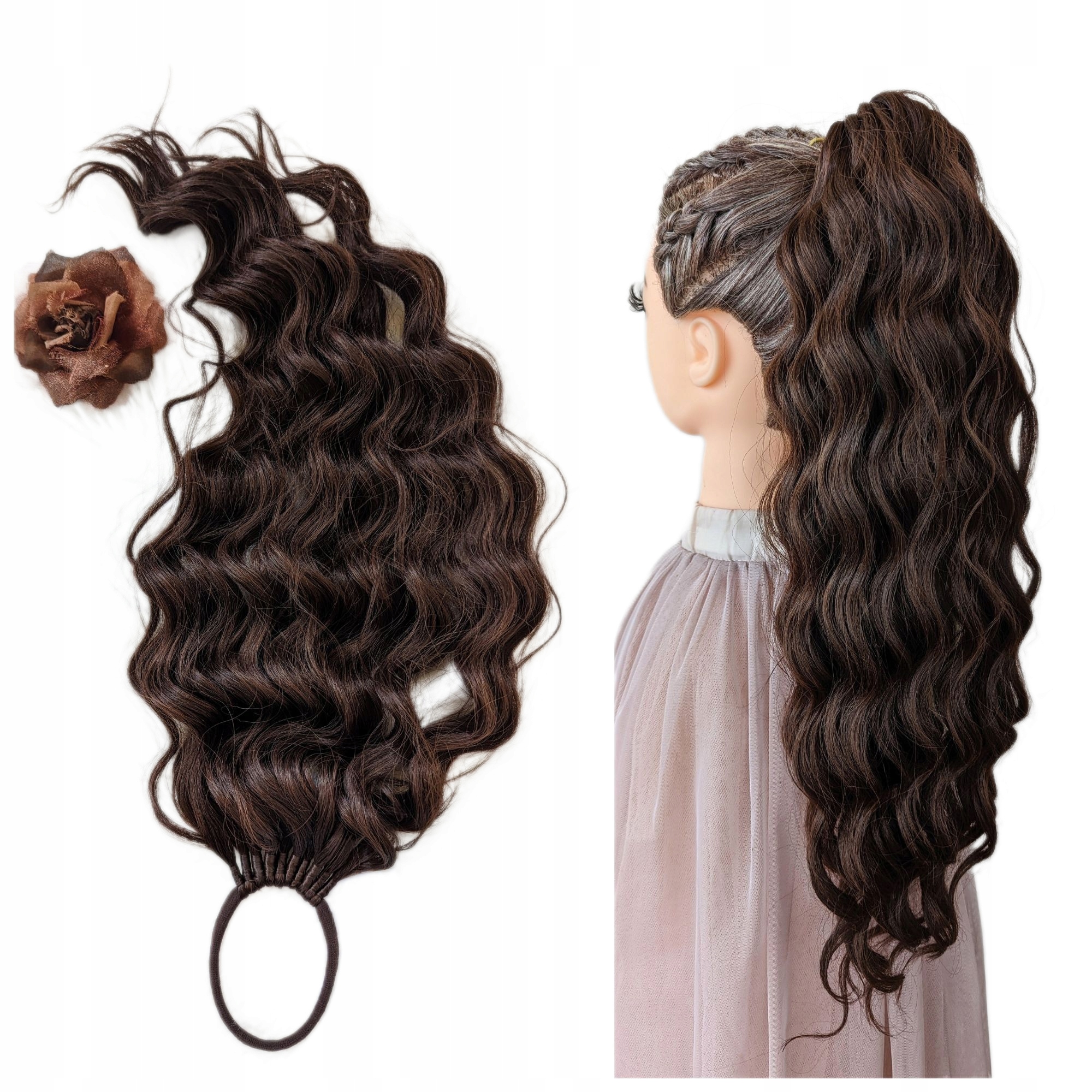 Poník připínací na gumičku, Příčesek vlny, hnědý, Vlnitý Šatník, 50 cm