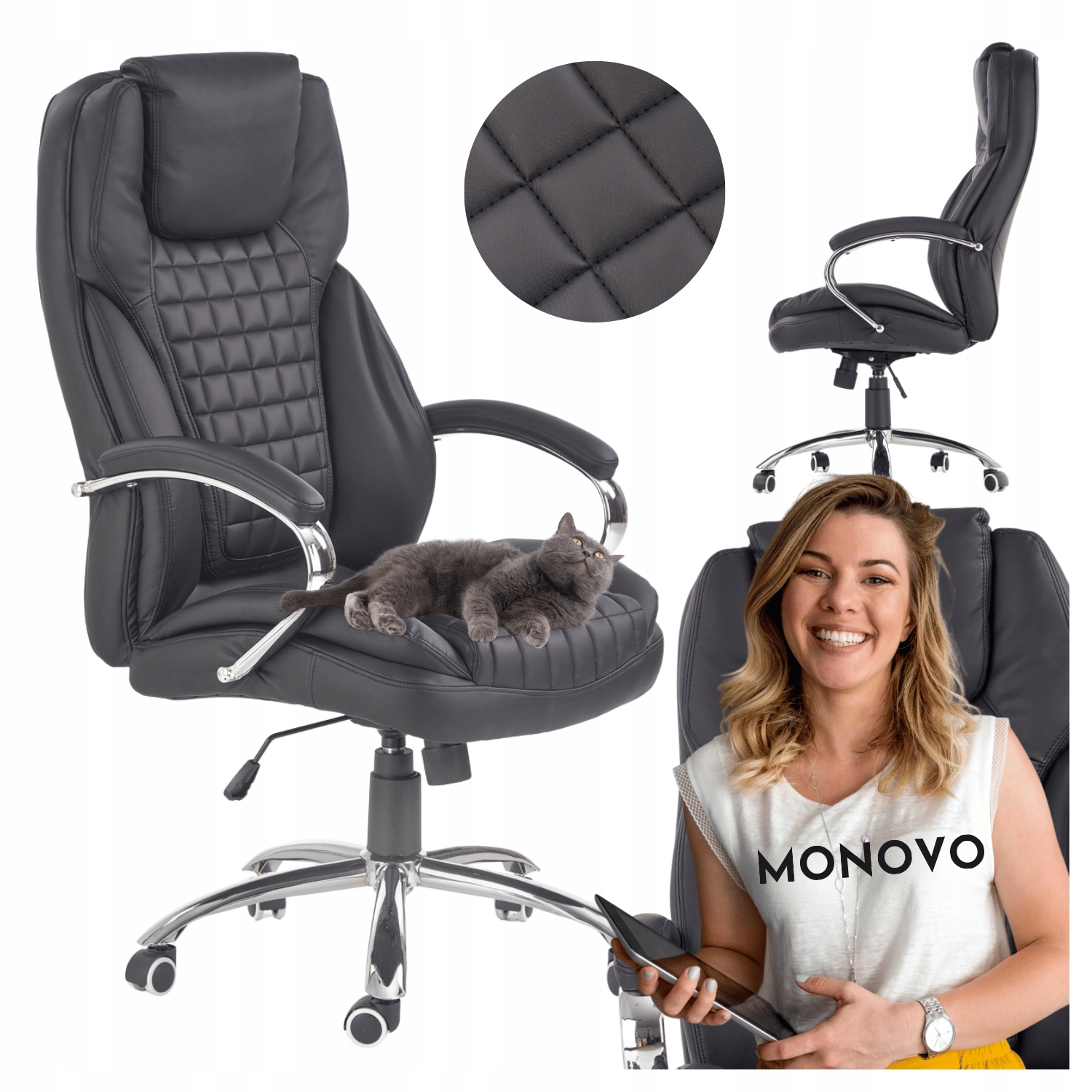 Fotel Obrotowy do Biurka Skórzany King Czarny