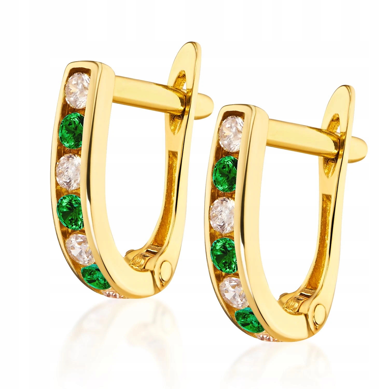 Zlaté Náušnice Se Zelenými Kameny 585 Bílé Zirkony Obdélníky